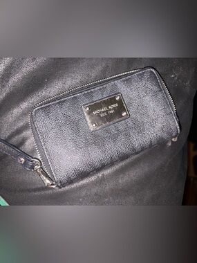 Michael Kors Black Pebbled Leather Zip Wallet with Metal Plaque